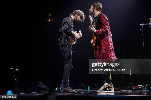 The alternative rock group american Imagine Dragons with the musicians Ben Mc Kee and Wayne Sermon are photographed for Paris Match on stage on March...