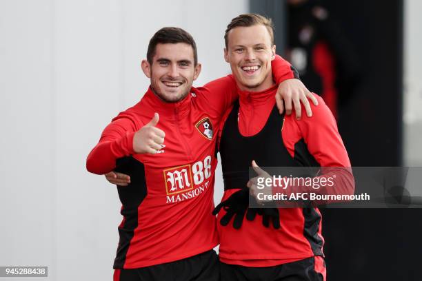 Lewis Cook and Brad Smith of Bournemouth during training at Vitality Stadium on April 11, 2018 in Bournemouth, England.