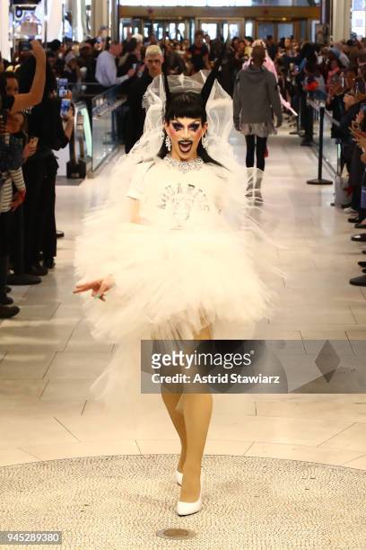 Drag queen Aquaria walks the runway during the MAC Nicopanda Macy's Herald Square Launch Premiere at Macy's Herald Square on April 11, 2018 in New...