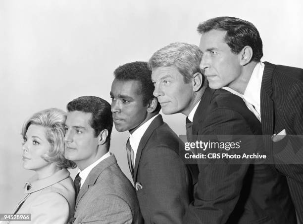 Impossible cast shot featuring from left, Barbara Bain as Cinnamon Carter, Peter Lupus as Willy Armitage, Greg Morris as Barney Collier, Peter Graves...