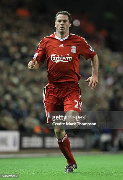 Jamie Carragher of Liverpool in action during the Barclays Premier League match between Liverpool and Wigan Athletic at Anfield on December 16, 2009...