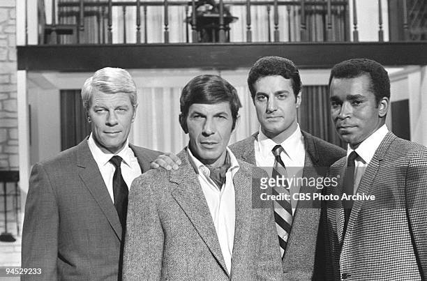 Impossible episode, �Fool�s Gold.� Featuring from left, Peter Graves as James Phelps, Leonard Nimoy as Paris, Peter Lupus as Willy Armitage and Greg...