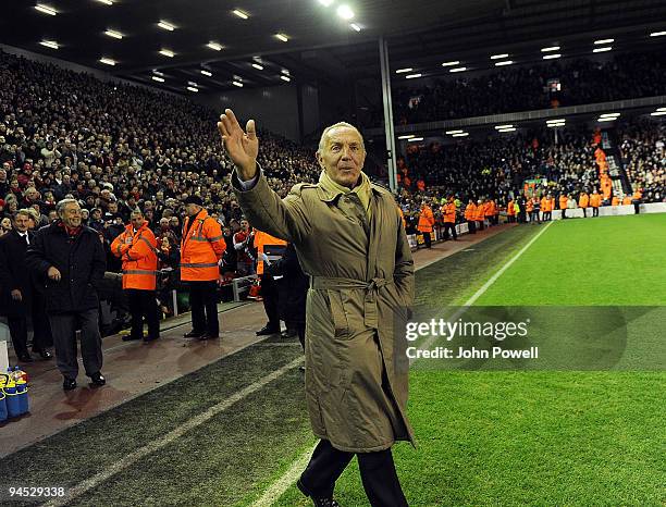 Liverpool legendary players walk onto the pitch as bag-pipes play at Anfield in commemoration of Bill Shankly's 50th anniversary of being involved at...