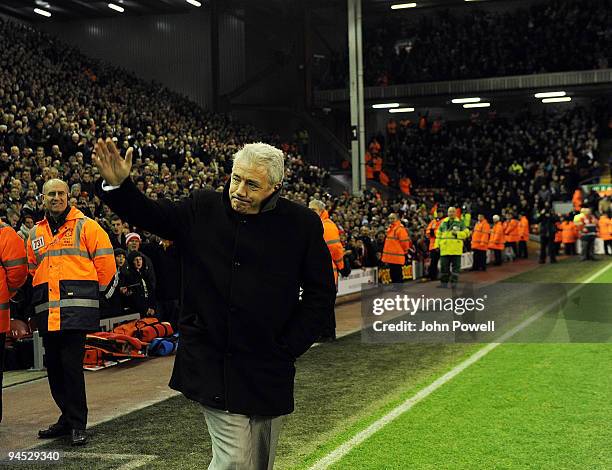 Liverpool legendary player Kevin Keegan walks onto the pitch as bag-pipes play at Anfield in commemoration of Bill Shankly's 50th anniversary of...