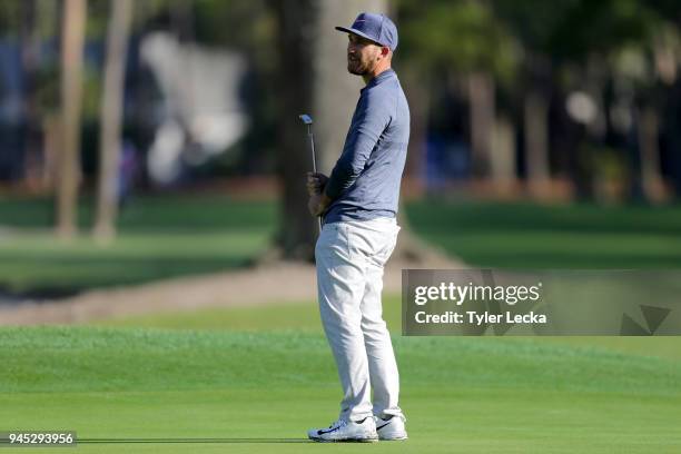 Kevin Chappell reacts on the second green during the first round of the 2018 RBC Heritage at Harbour Town Golf Links on April 12, 2018 in Hilton Head...