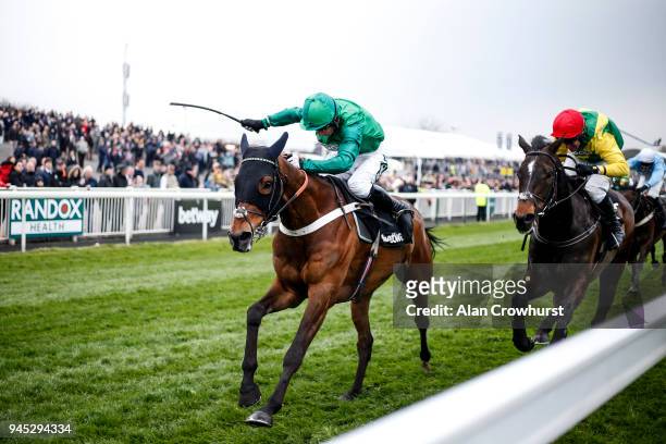 Daryl Jacob riding L'Ami Serge clear the last to win The Betway Aintree Hurdle Race at Aintree racecourse on April 12, 2018 in Liverpool, England.