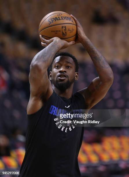 Terrence Ross of the Orlando Magic shoots the ball during warm up, prior to the first half of an NBA game against the Toronto Raptors at Air Canada...