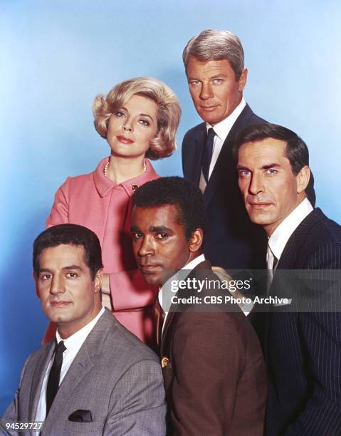 Impossible cast members clockwise from top left, Barbara Bain as Cinnamon Carter, Peter Graves as James Phelps, and Martin Landau as Rollin Hand,...