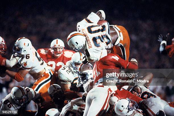 Orange Bowl: Miami Alonzo Highsmith in action, diving for touchdown vs Nebraska. Miami, FL 1/2/1984 CREDIT: Ronald C. Modra