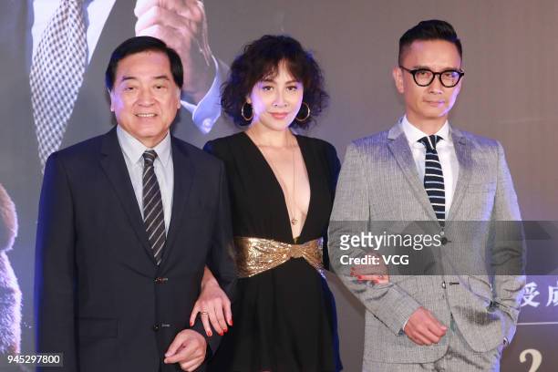 Actor Paul Chun, actress Carina Lau and actor Tse Kwan-ho attend drama 'Witness for the Prosecution' press conference on April 12, 2018 in Hong Kong,...