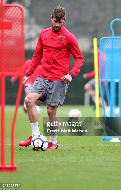 Jack Stephens during a Southampton FC training session at the Staplewood Campus on April 12, 2018 in Southampton, England.