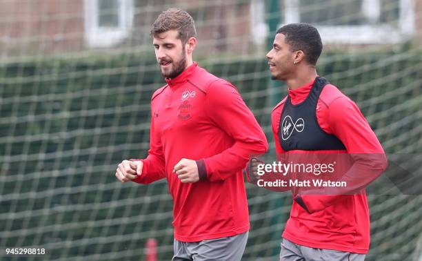 Jack Stephens and Mario Lemina during a Southampton FC training session at the Staplewood Campus on April 12, 2018 in Southampton, England.