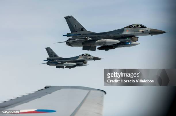 Dutch Air Force F-16 fighters seen from a Dutch Air Force KDC10 tanker while waiting to be refueled over the North Sea during press day of European...