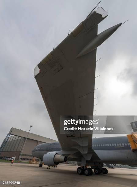 Dutch Air Force KDC10 tanker sits on the tarmac in the Dutch Air Force base at the end of a refueling mission over the North Sea during press day of...