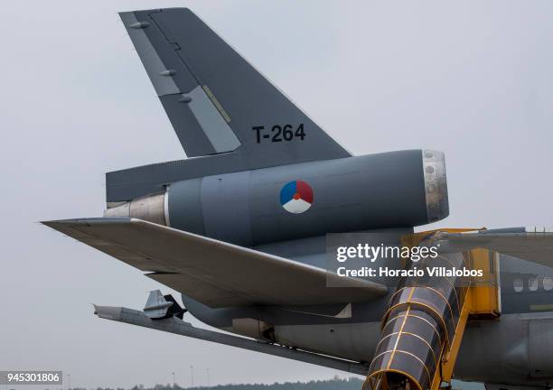 Refueling boom and tail of Dutch Air Force KDC10 tanker sitting on the tarmac before flying a refueling mission over the North Sea during press day...