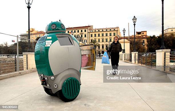 DustCart robot collects door-to-door rubbish on demand on December 16, 2009 in Livorno, Italy. The robot is a prototype of the sweeping and cleaning...