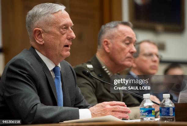 Secretary of Defense James Mattis , Chairman of the Joint Chiefs of Staff General Joseph Dunford and Pentagon Comptroller David Norquist testify...