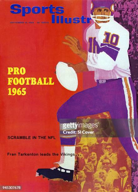 September 13, 1965 Sports Illustrated via Getty Images Cover. Football: Season Preview: Illustration of Minnesota Vikings QB Fran Tarkenton in...