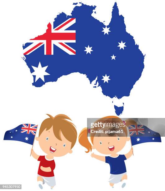 kinder mit australien flagge - australian national costume stock-grafiken, -clipart, -cartoons und -symbole