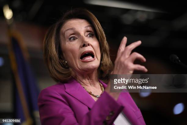 House Minority Leader Nancy Pelosi answers questions during her weekly press conference at the U.S. Capitol April 12, 2018 in Washington, DC. Pelosi...