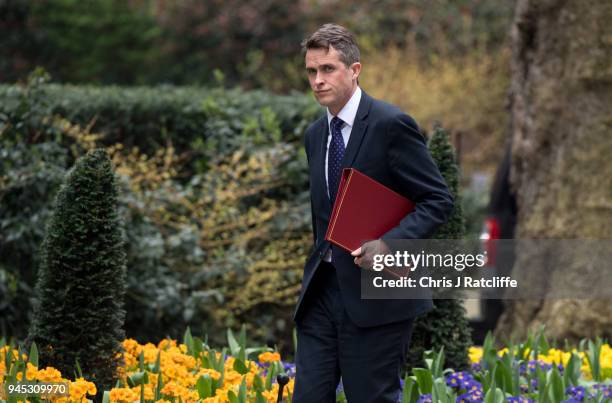 Britain's Defence Secretary Gavin Williamson arrives for an emergency cabinet meeting at Downing Street on April 12, 2018 in London, England. British...