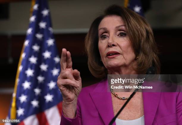 House Minority Leader Nancy Pelosi answers questions during her weekly press conference at the U.S. Capitol April 12, 2018 in Washington, DC. Pelosi...