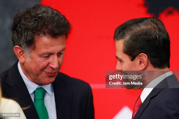 Juan Carlos Osorio Coach of Mexico and Enrique Pena Nieto President of Mexico talk during the FIFA Trophy Tour at Residencia Oficial de Los Pinos on...