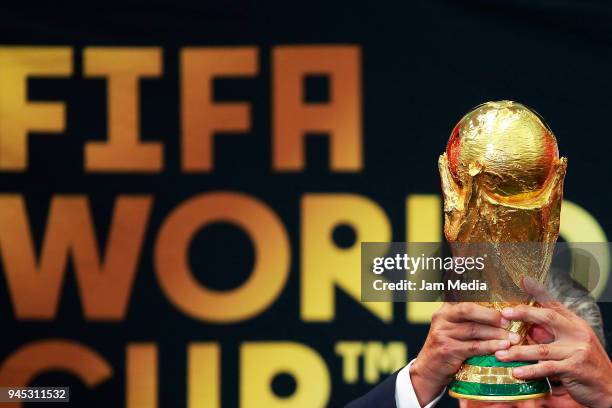 View of the FIFA World Cup Trophy during the FIFA Trophy Tour at Residencia Oficial de Los Pinos on April 11, 2018 in Mexico City, Mexico.