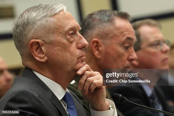 Defense Secretary James Mattis, Chairman of the Joint Chiefs of Staff Gen. Joseph Dunford and Pentagon Comptroller David Norquist testify before the...