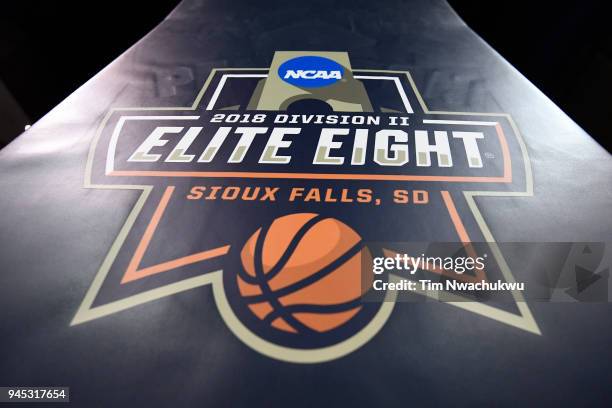 The 2018 Division II Elite Eight logo appears on a stanchion during the Division II Men's Basketball Championship held at the Sanford Pentagon on...