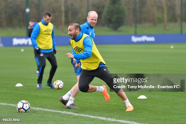 Cenk Tosun and Davy Klaassen during the Everton FC training session at USM Finch Farm on April 12, 2018 in Halewood, England.