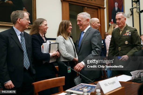 Defense Secretary James Mattis , Chairman of the Joint Chiefs of Staff Gen. Joseph Dunford and Pentagon Comptroller David Norquist arrive before...