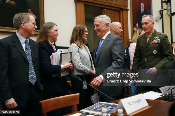 Defense Secretary James Mattis , Chairman of the Joint Chiefs of Staff Gen. Joseph Dunford and Pentagon Comptroller David Norquist arrive before...