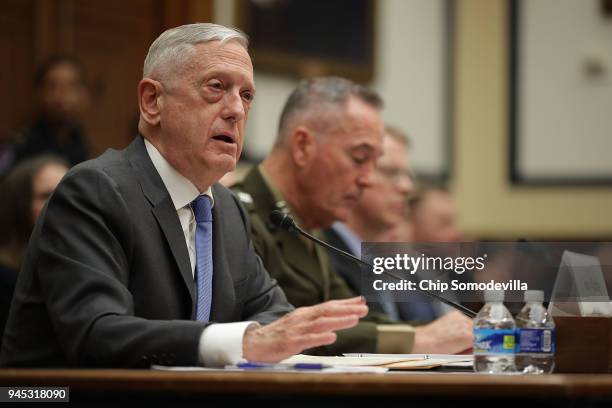 Defense Secretary James Mattis, Chairman of the Joint Chiefs of Staff Gen. Joseph Dunford and Pentagon Comptroller David Norquist testify before the...