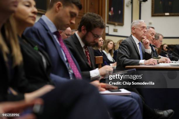 Defense Secretary James Mattis, Chairman of the Joint Chiefs of Staff Gen. Joseph Dunford and Pentagon Comptroller David Norquist testify before the...