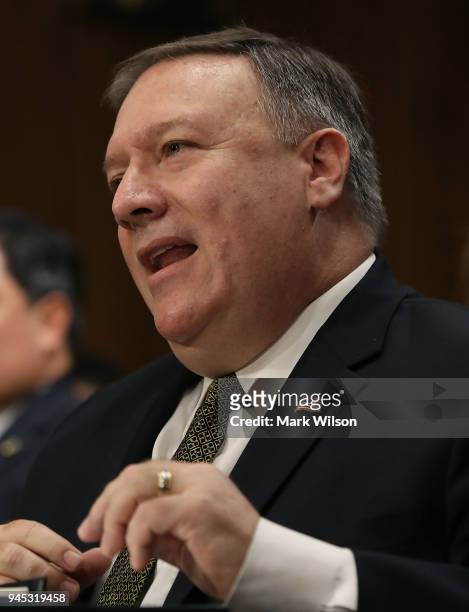 Secretary of State nominee Mike Pompeo speaks during his confirmation hearing before a Senate Foreign Relations Committee on Capitol Hill, on April...