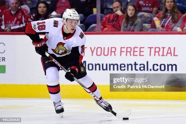 Ryan Dzingel of the Ottawa Senators skates with the puck in the second period against the Washington Capitals at Capital One Arena on November 22,...