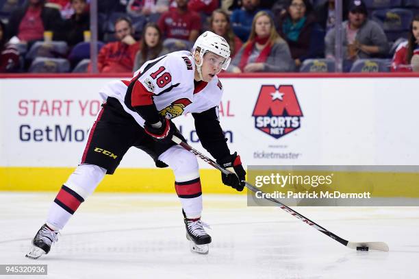 Ryan Dzingel of the Ottawa Senators skates with the puck in the second period against the Washington Capitals at Capital One Arena on November 22,...