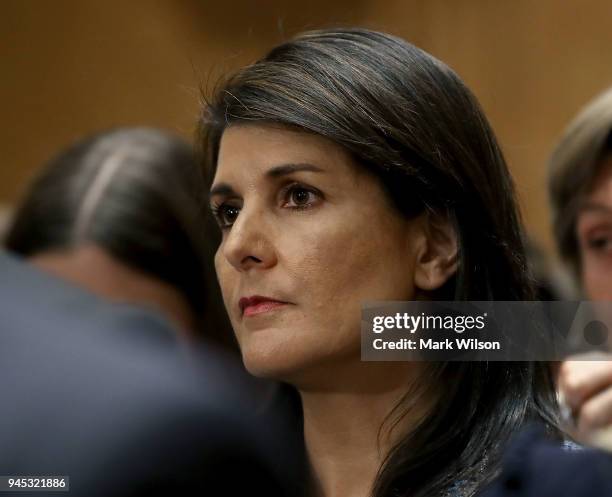 Ambassador Nikki Haley attends the confirmation hearing for Secretary of State nominee Mike Pompeo before the Senate Foreign Relations Committee on...