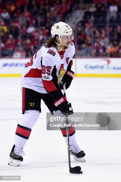 Erik Karlsson of the Ottawa Senators skates with the puck in the second period against the Washington Capitals at Capital One Arena on November 22,...