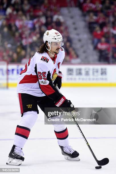 Erik Karlsson of the Ottawa Senators skates with the puck in the second period against the Washington Capitals at Capital One Arena on November 22,...