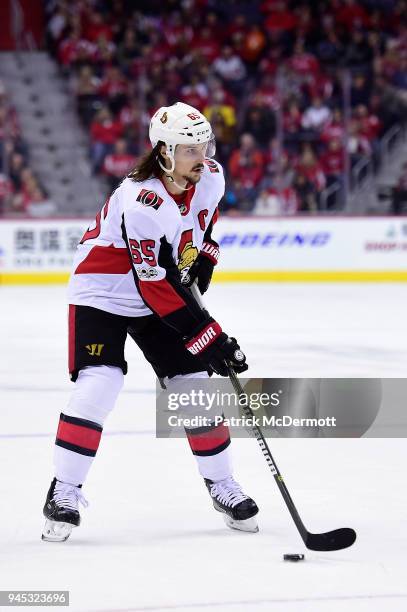 Erik Karlsson of the Ottawa Senators skates with the puck in the second period against the Washington Capitals at Capital One Arena on November 22,...