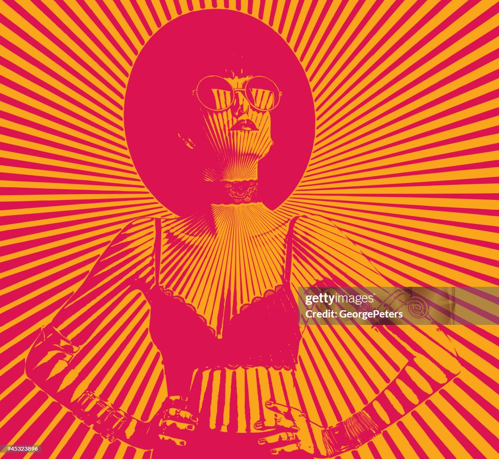Hipster woman with sunbeam halftone pattern