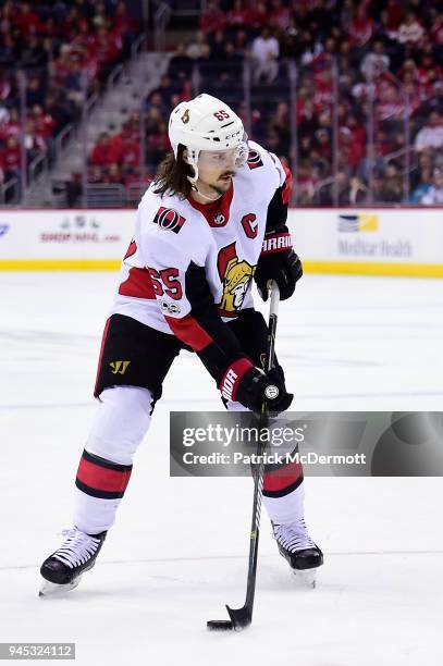 Erik Karlsson of the Ottawa Senators skates with the puck in the second period against the Washington Capitals at Capital One Arena on November 22,...