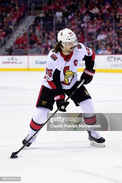 Erik Karlsson of the Ottawa Senators skates with the puck in the second period against the Washington Capitals at Capital One Arena on November 22,...