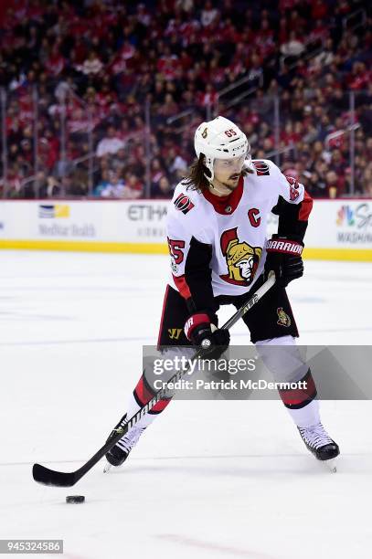 Erik Karlsson of the Ottawa Senators skates with the puck in the second period against the Washington Capitals at Capital One Arena on November 22,...
