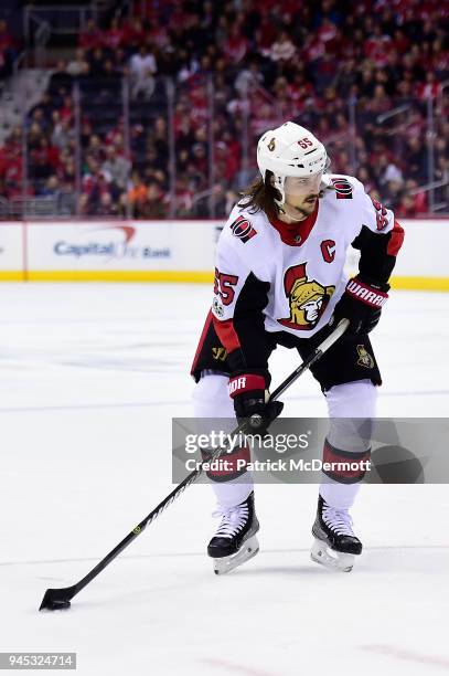 Erik Karlsson of the Ottawa Senators skates with the puck in the second period against the Washington Capitals at Capital One Arena on November 22,...