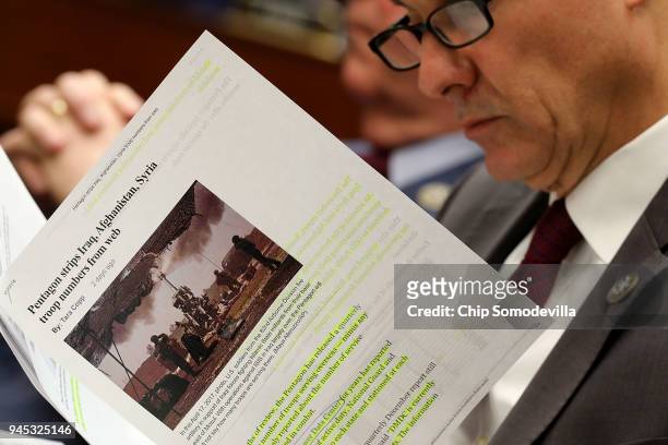 House Armed Services Committee member Rep. Thomas Souzzi looks as news articles during a hearing in the Rayburn House Office Building on Capitol Hill...
