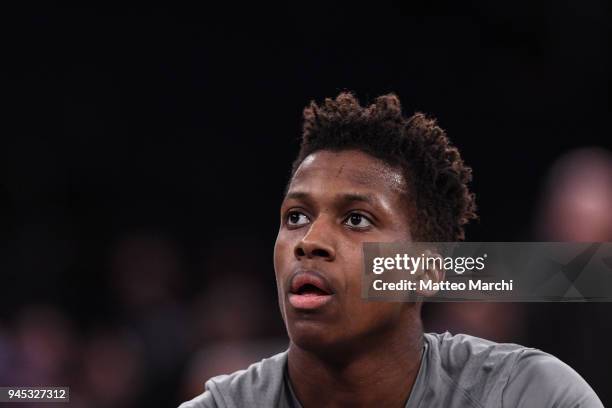 Frank Ntilikina of the New York Knicks warms up before the game against the Miami Heat at Madison Square Garden on April 6, 2018 in New York City....