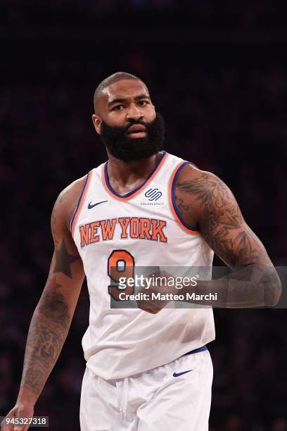 Kyle O'Quinn of the New York Knicks reacts during the game against the Miami Heat at Madison Square Garden on April 6, 2018 in New York City. NOTE TO...